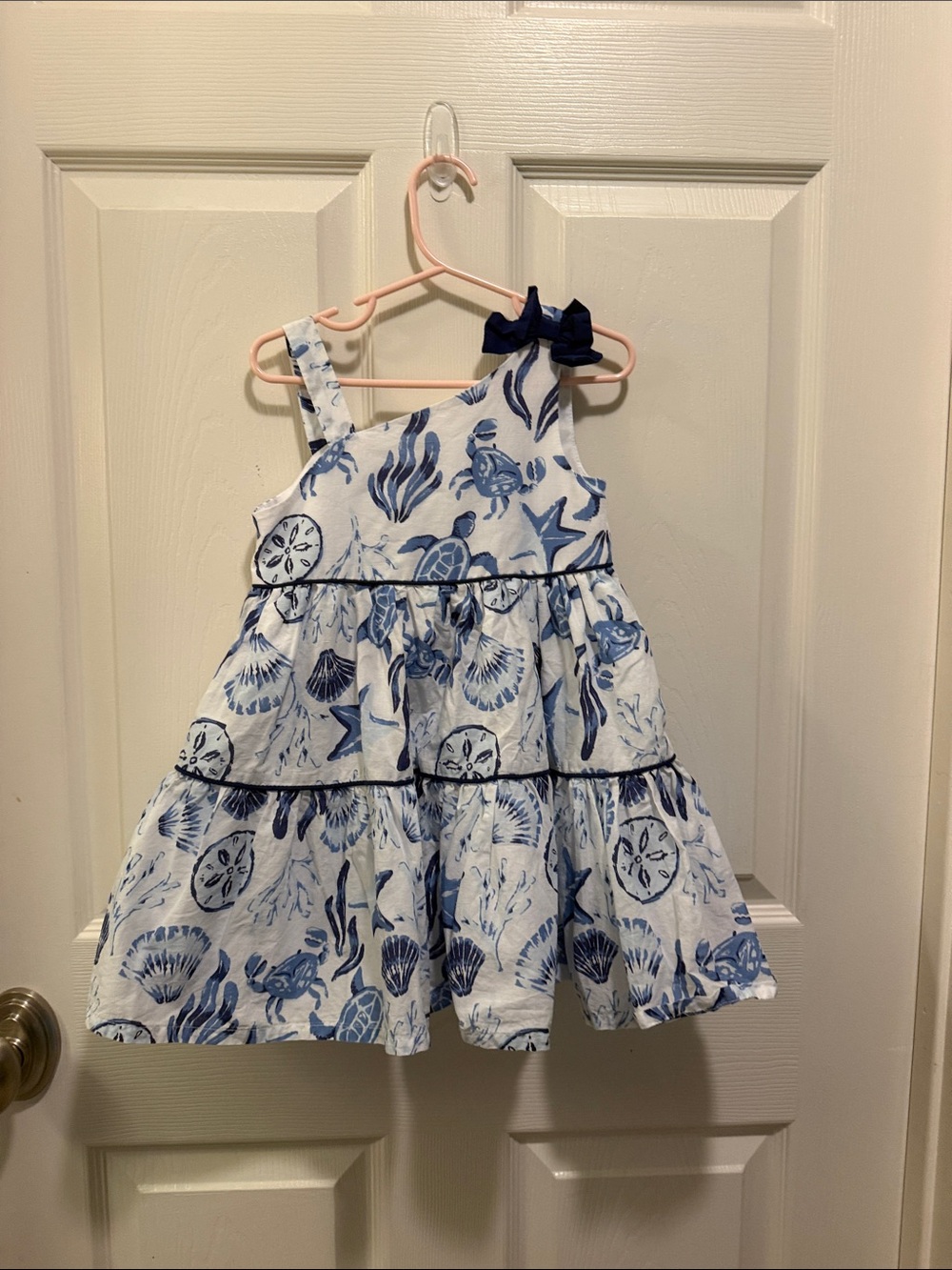 Girls White & Blue Sea Life Tiered Dress